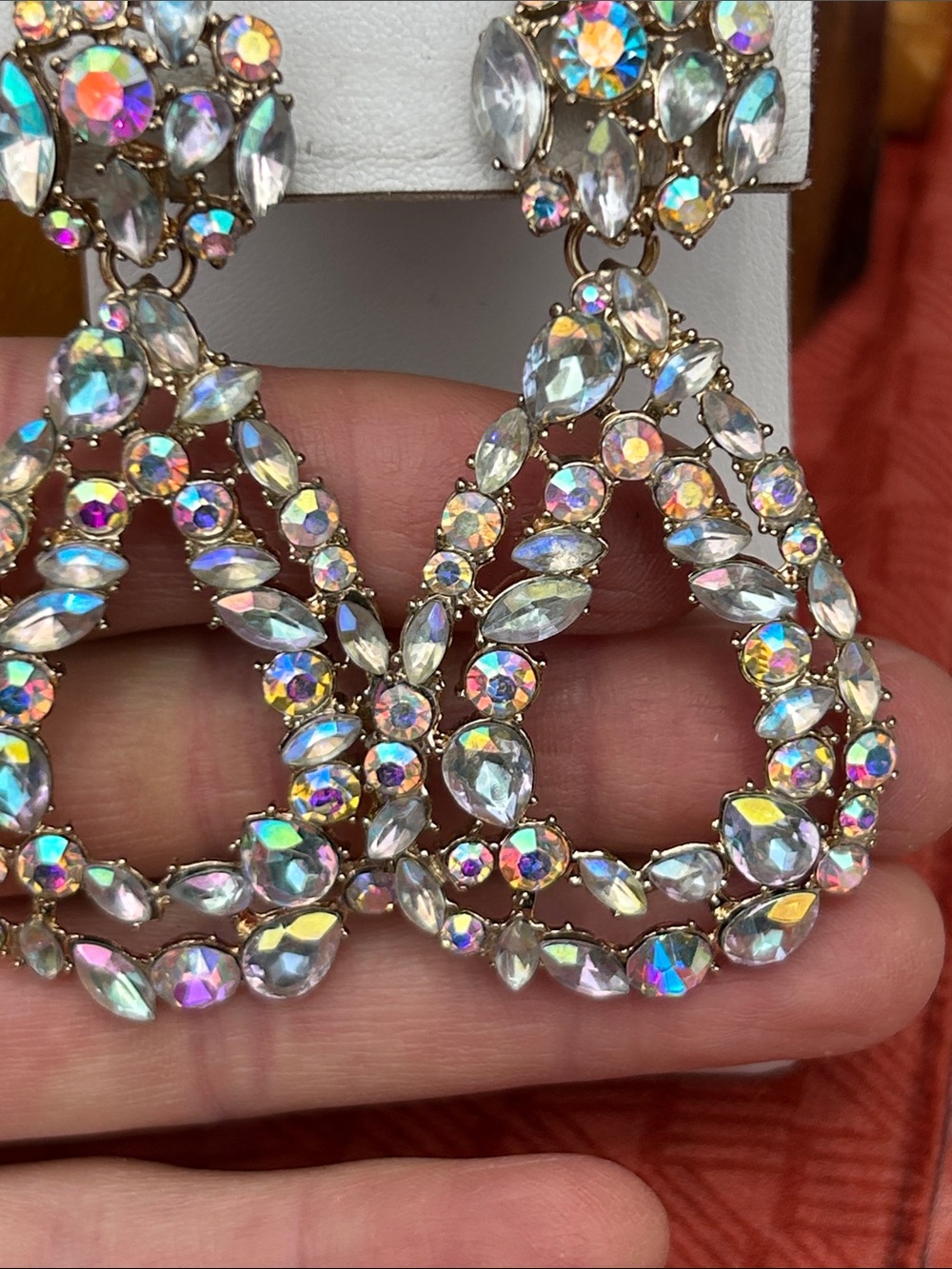 Vintage Aurora Borealis Iridescent Crystal Teardrop Stud Earrings - Picture 5 of 9